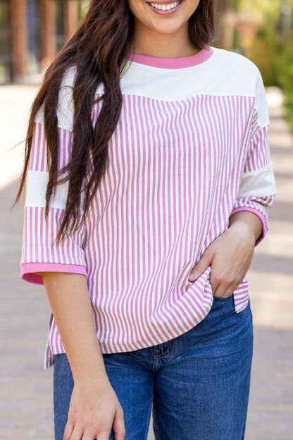 Aliyah Striped Patchwork 3/4 Sleeve Casual Top - Shop Style & More | Fresh Looks, Everyday Deals & Free Shipping