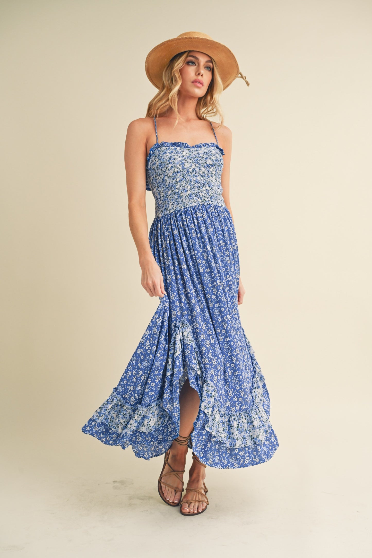 Aemi + Co Ditsy Floral Ruffled Hem Maxi Cami Dress Blue Casual Dresses