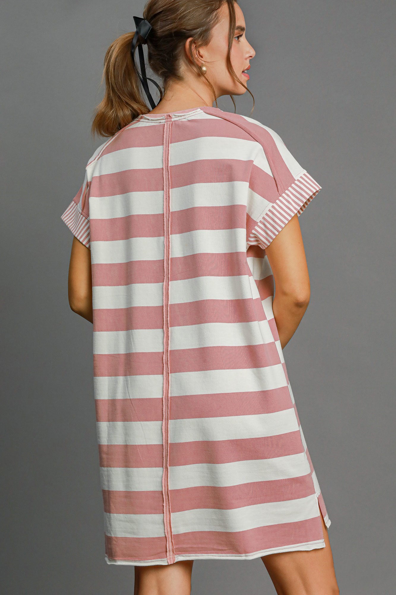 Umgee Peace Applique Striped Short Sleeve Mini Dress Casual Dresses