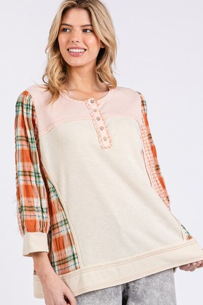 SAGE + FIG Exposed Seam Button Detail Plaid Top Blouses