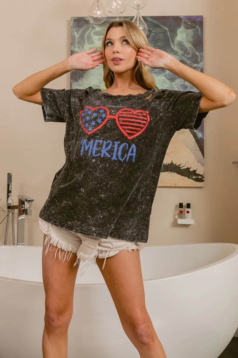 BiBi 4th Of July Theme Mineral Washed Laser Cut Top - Shop Style & More | Fresh Looks, Everyday Deals & Free Shipping