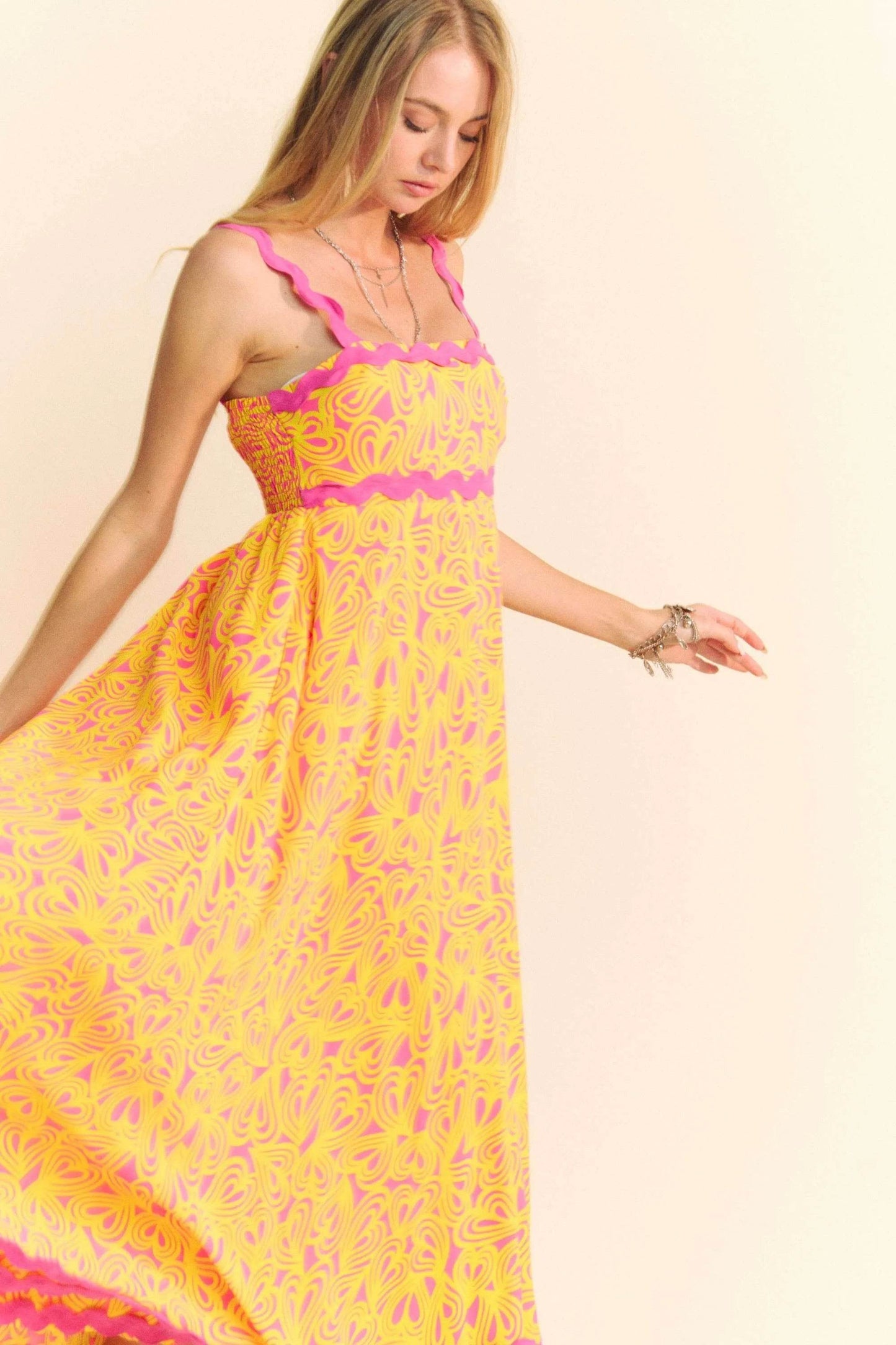 Davi & Dani Geo 2 Tone Printed Wavi Trim Tiered Maxi Dress - Shop Style & More | Fresh Looks, Everyday Deals & Free Shipping