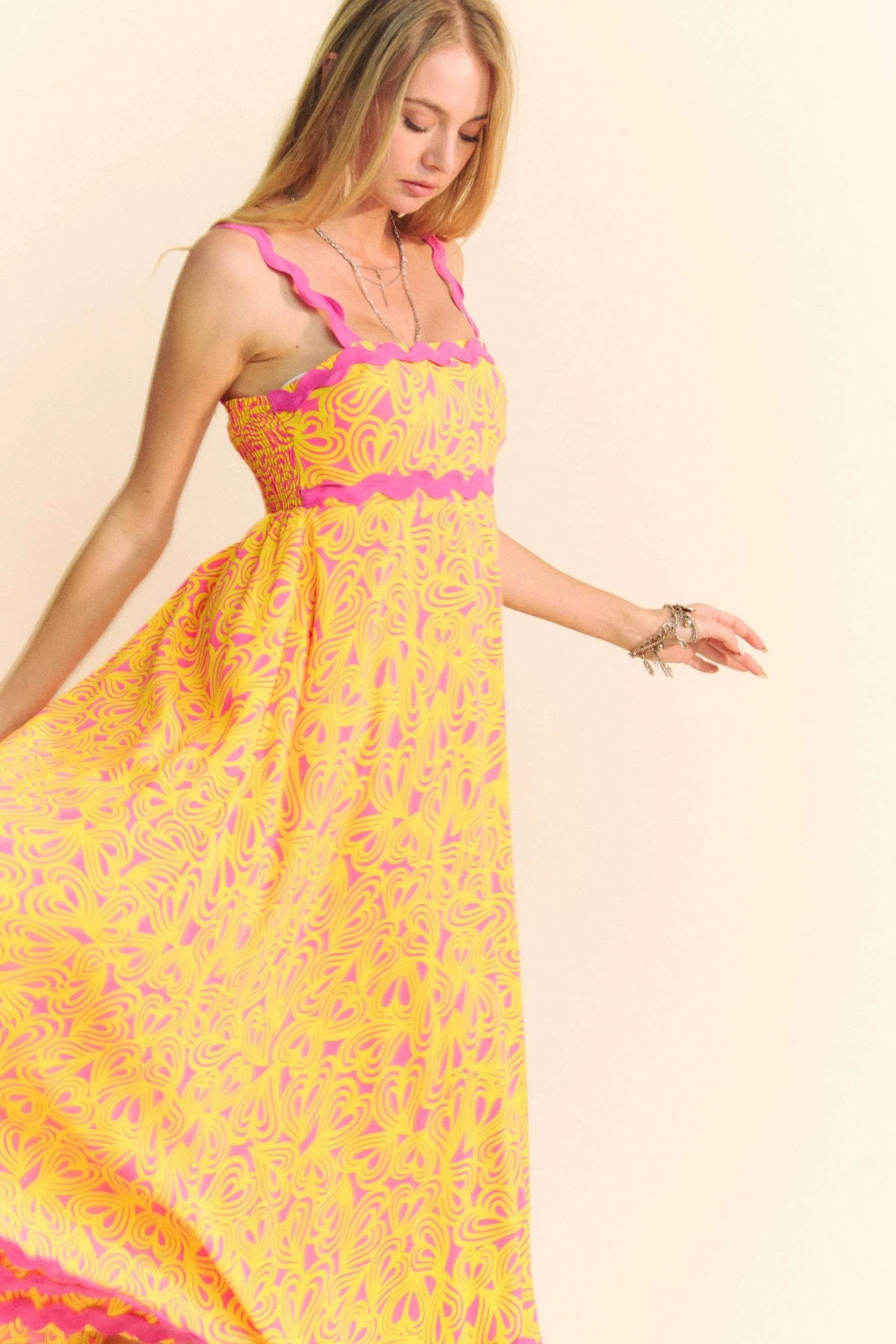 Davi & Dani Geo 2 Tone Printed Wavi Trim Tiered Maxi Dress - Shop Style & More | Fresh Looks, Everyday Deals & Free Shipping