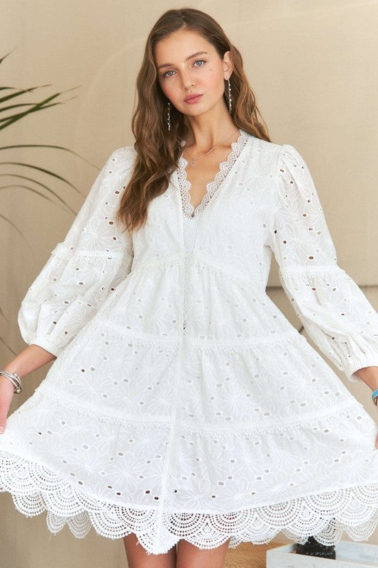 ADORA Lace Detail Tiered Eyelet V-Neck Babydoll Dress Casual Dresses