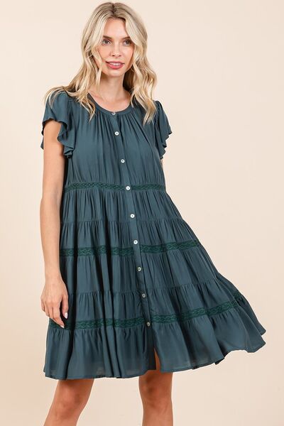 Mittoshop Lace Detail Ruffled Button Down Tiered Dress Casual Dresses