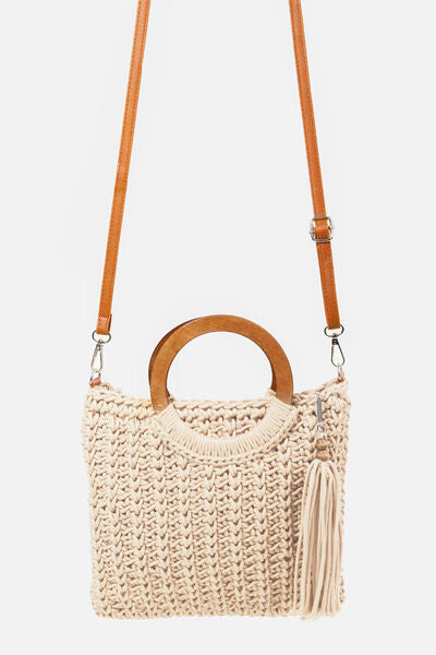 Fame Crochet Knit Convertible Tote Bag with Tassel Bags