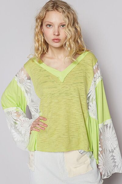 POL Lace Detail V-Neck Flare Sleeve Blouse Neon Lime Blouses