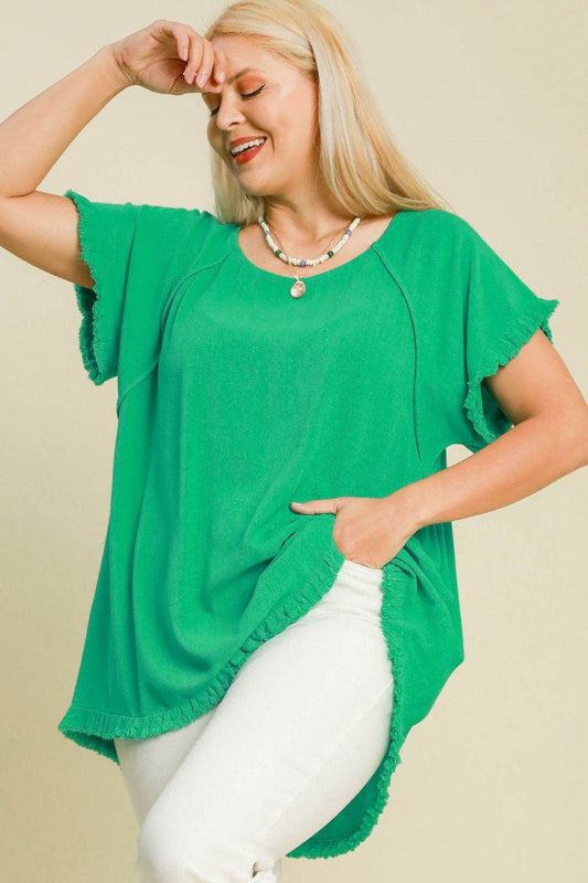 Umgee Full Size Seam Detail Linen Ruffle Fringe Edge Top Plus Size - Shop Style & More | Fresh Looks, Everyday Deals & Free Shipping