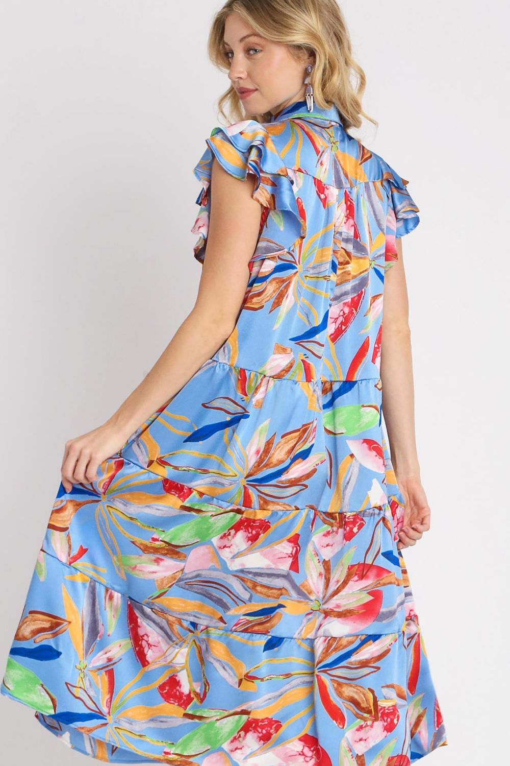 Umgee Full Size Leaf Print Double Layered Ruffle Sleeve Tiered Midi Dress Plus Size Casual Dresses