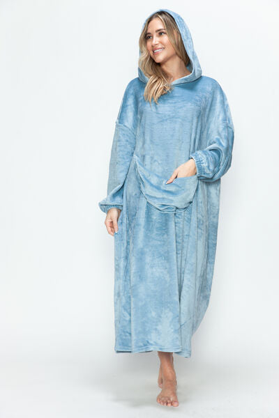 Double Take Full Size Pocketed Hooded Midi Lounge Dress Pastel Blue Sleepwear