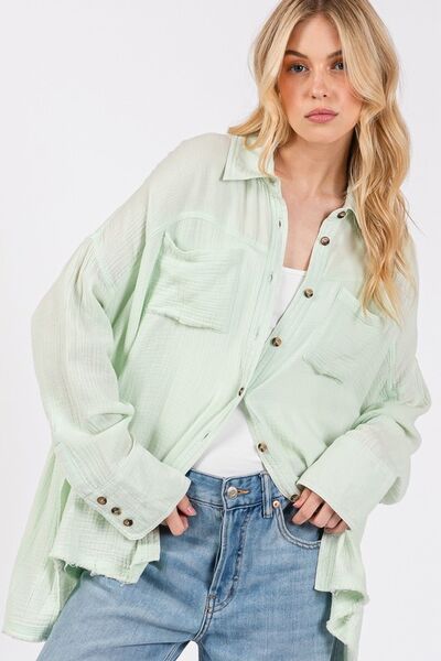 SAGE + FIG Frayed Hem Side Slit Button Down Shirt Blouses