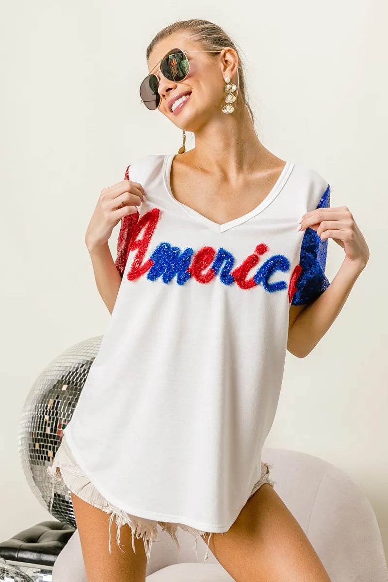 BiBi Metallic Letter V-neck Sequin Sleeves Top - Shop Style & More | Fresh Looks, Everyday Deals & Free Shipping