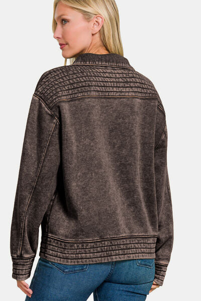 Zenana Acid Washed Half Snap Fleece Sweatshirt Hoodies & Sweaters