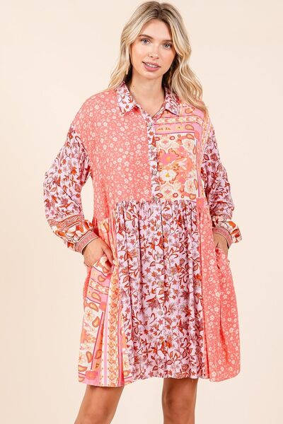 Mittoshop Floral Button Detail Long Sleeve Shirt Dress Casual Dresses