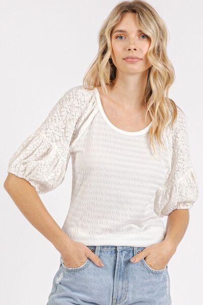 Mittoshop Mixed Media Textured Knit Popcorn Puff Sleeve Blouse Blouses