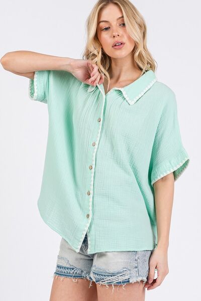 SAGE+FIG Boho Contrast Zigzag Trim Gauze Button-Up Shirt Blouses