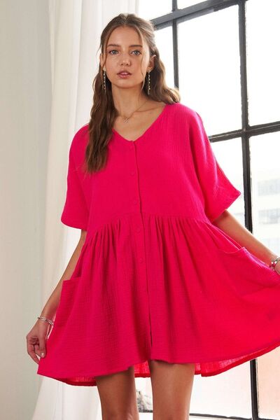 ADORA V-Neck Half Sleeve Dress with Pockets Casual Dresses