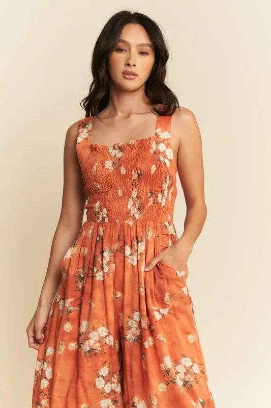 Davi & Dani Floral Ruffle Square Neck Smocking Bodice Jumpsuit - Shop Style & More | Fresh Looks, Everyday Deals & Free Shipping