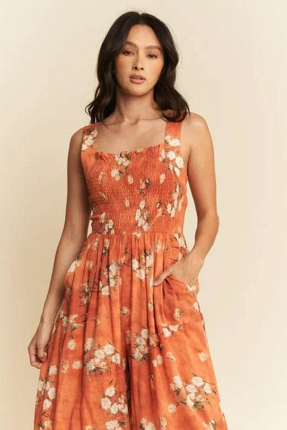 Davi & Dani Floral Ruffle Square Neck Smocking Bodice Jumpsuit - Shop Style & More | Fresh Looks, Everyday Deals & Free Shipping