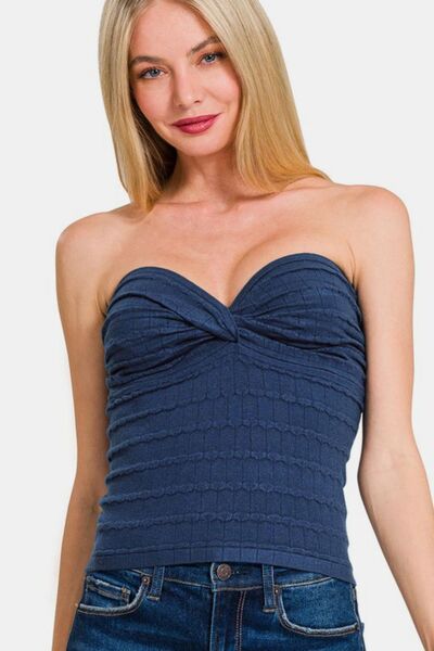 Zenana Ruched Twisted Sweetheart Neck Top Lt Navy Top - Femme & Flirty