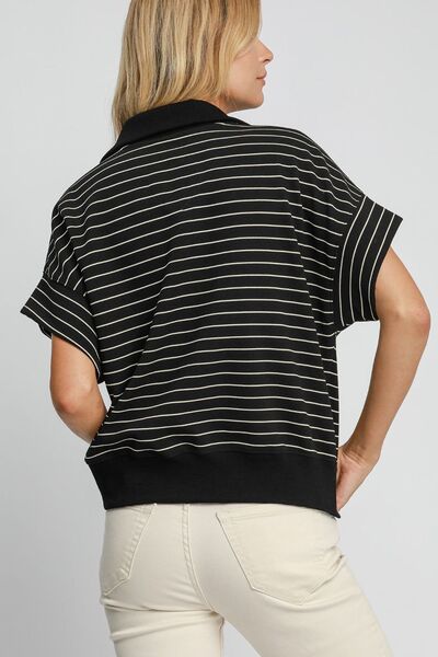 Umgee Striped Half Zip Short Sleeve Sweatshirt Hoodies & Sweaters