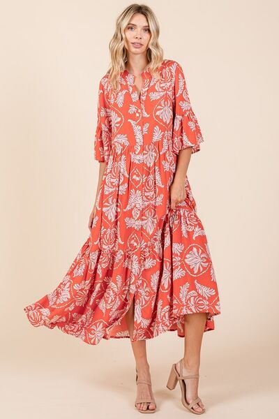 Mittoshop Abstract Leaf Print Tiered Ruffle Dress Orange-Red Casual Dresses