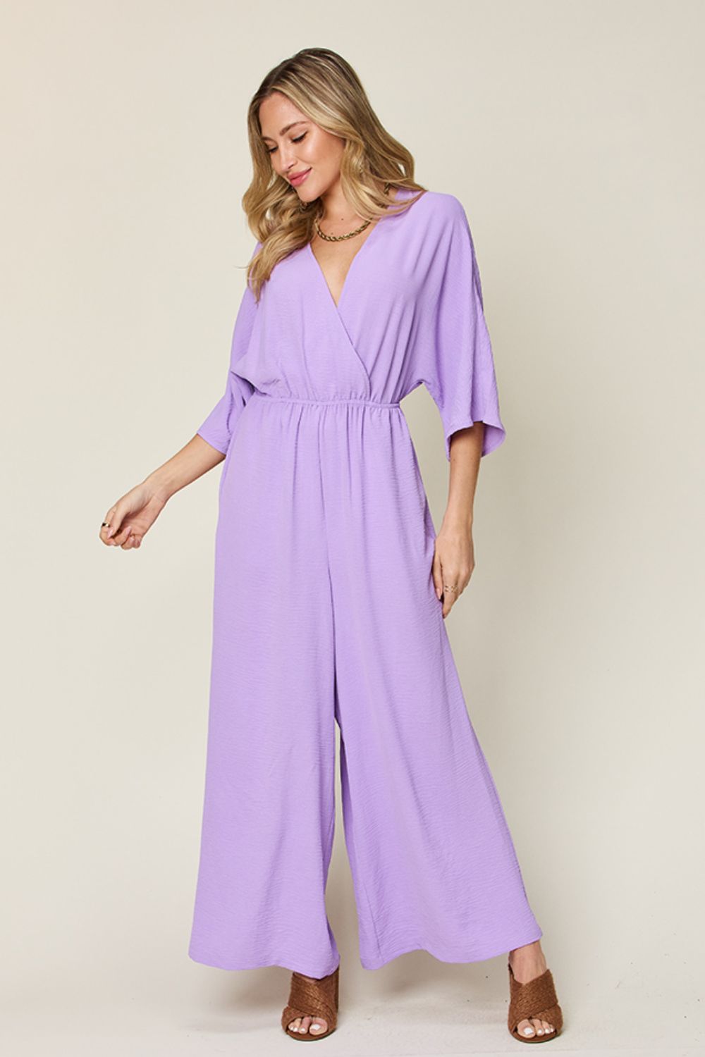 Double Take Full Size Surplice Wide Leg Jumpsuit with Pockets Lavender Women's Jumpsuits