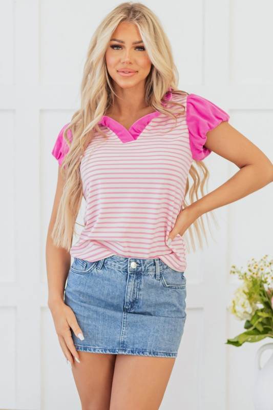 Rosie Stripe Ruffled V Neck Cap Puff Sleeve Top - Shop Style & More | Fresh Looks, Everyday Deals & Free Shipping