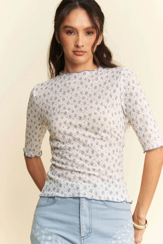 Davi & Dani Lace Stretch Floral Marrow Edge Half Sleeve Top - Shop Style & More | Fresh Looks, Everyday Deals & Free Shipping