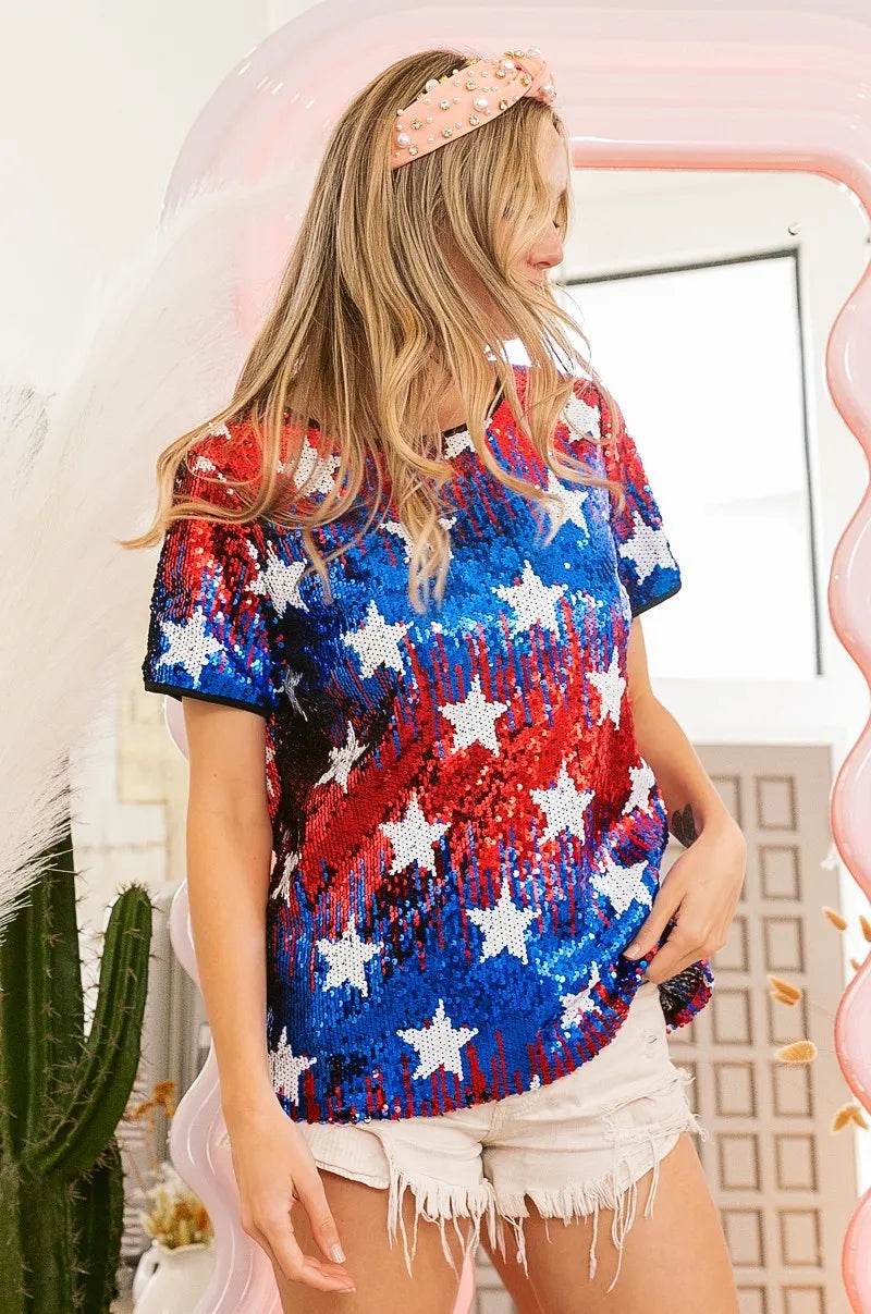 BiBi American Theme Star Pattern Sequin Top - Shop Style & More | Fresh Looks, Everyday Deals & Free Shipping