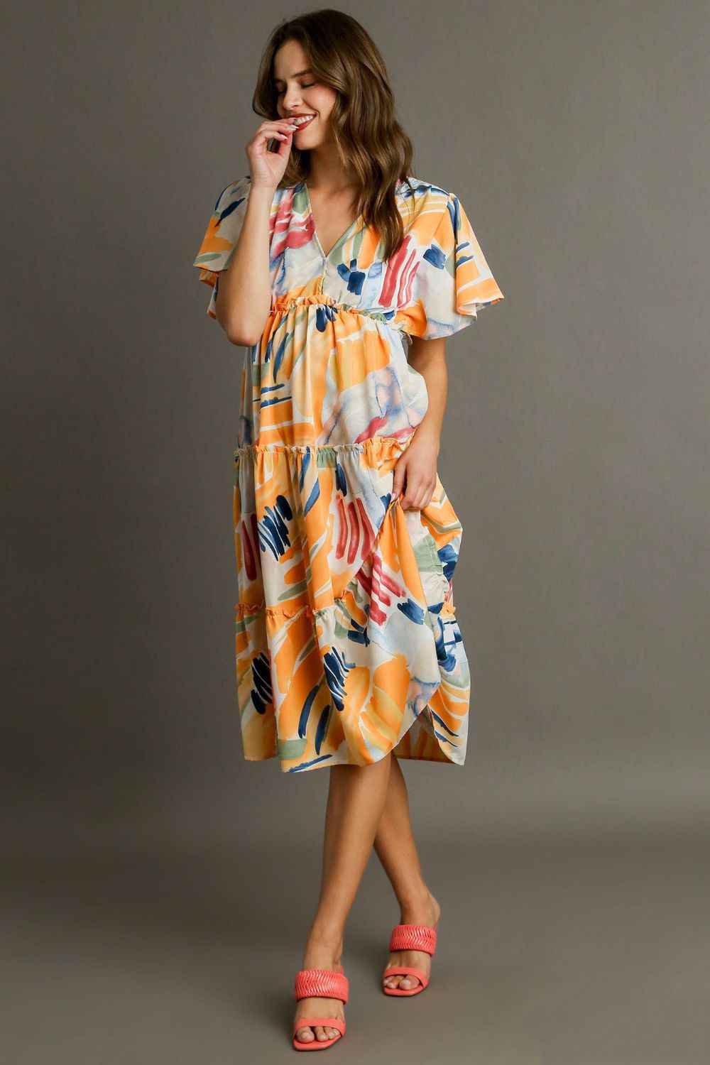 Umgee Full Size Abstract Print Flutter Sleeve Frill Tiered Midi Dress Plus Size Casual Dresses