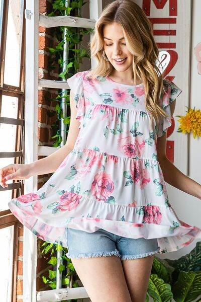 Heimish Full Size Butterfly Short Sleeve Round Neck Floral Print Tiered Top Plus Size - Shop Style & More | Fresh Looks, Everyday Deals & Free Shipping