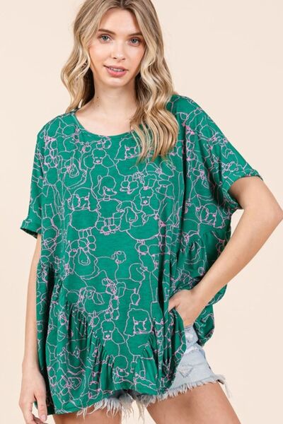 Mittoshop Abstract Print Round Neck Short Sleeve Top Green Blouses