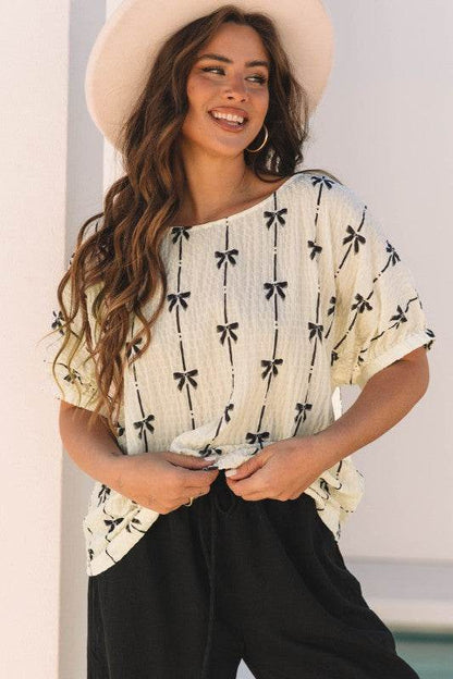 Aviana Bow Print Puff Short Sleeve Top - Shop Style & More | Fresh Looks, Everyday Deals & Free Shipping