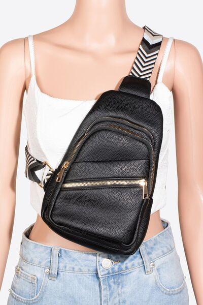 Fame PU Leather Chevron Strap Crossbody Bag Black One Size Bags