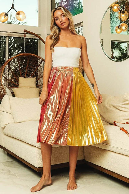 BiBi Metallic Color Block Pleats Midi Skirt - Shop Style & More | Fresh Looks, Everyday Deals & Free Shipping