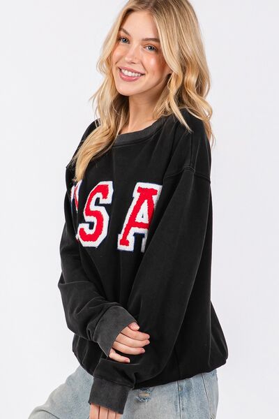 SAGE + FIG USA Letter Patch Round Neck Sweatshirt Hoodies & Sweaters