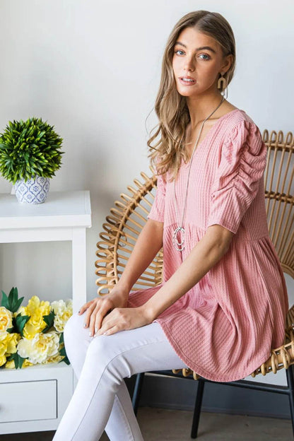 Heimish Full Size Waffle Knit V-Neck Babydoll Top - Shop Style & More | Fresh Looks, Everyday Deals & Free Shipping