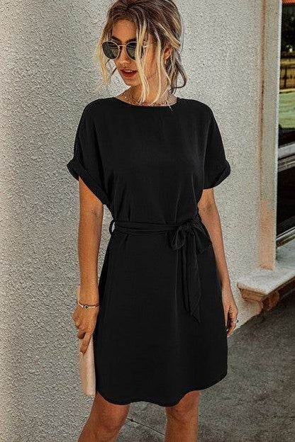 Solid Round Neck Tie Waist Belt Fit Dress - Shop Style & More | Fresh Looks, Everyday Deals & Free Shipping