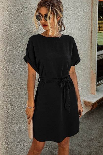 Solid Round Neck Tie Waist Belt Fit Dress - Shop Style & More | Fresh Looks, Everyday Deals & Free Shipping