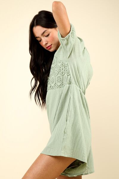 VERY J Lace Detail Puff Sleeve Romper with Pockets Jumpsuits