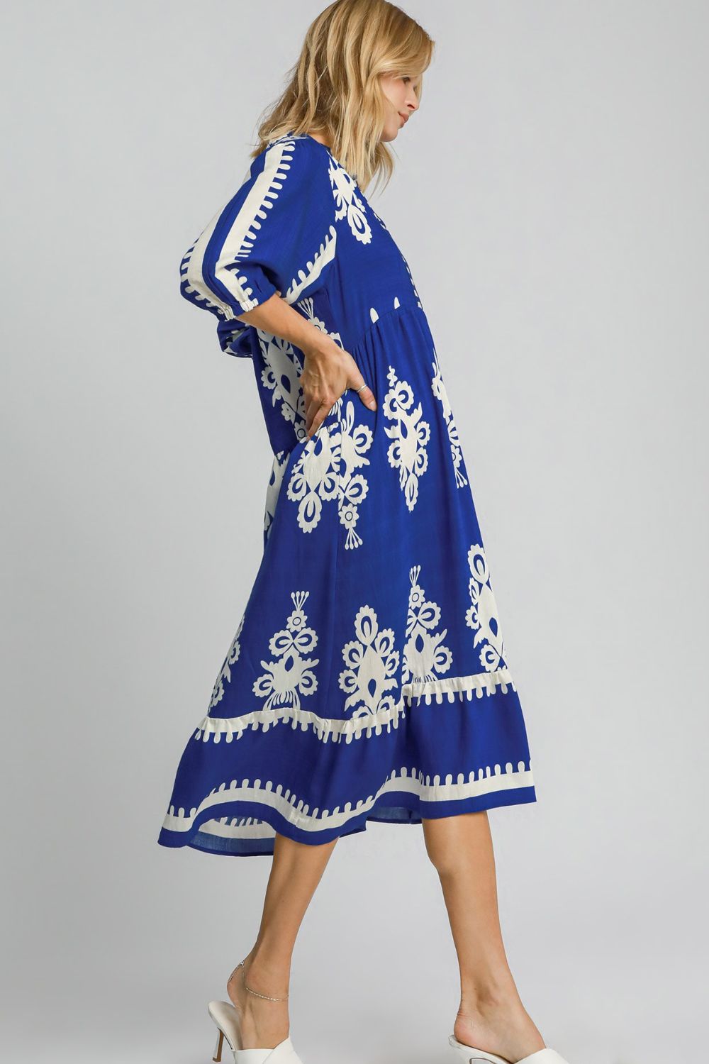 Umgee Printed Notched Midi Dress Casual Dresses