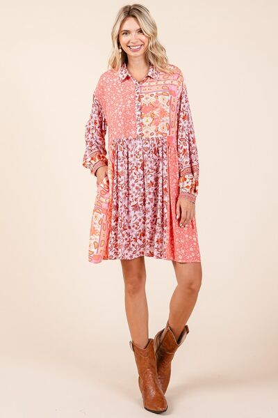 Mittoshop Floral Button Detail Long Sleeve Shirt Dress Casual Dresses