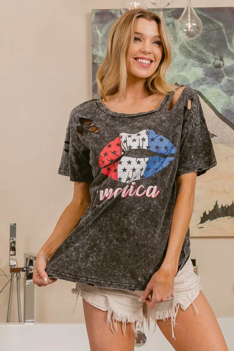 BiBi Laser Cut Mineral Washed Old Glory Lip Print Top - Shop Style & More | Fresh Looks, Everyday Deals & Free Shipping