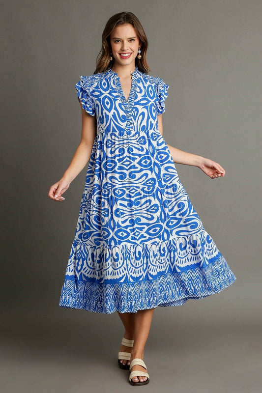 Umgee Full Size Two Tone Border Print Ruffle Cap Sleeve Midi Dress Plus Size - Shop Style & More | Fresh Looks, Everyday Deals & Free Shipping