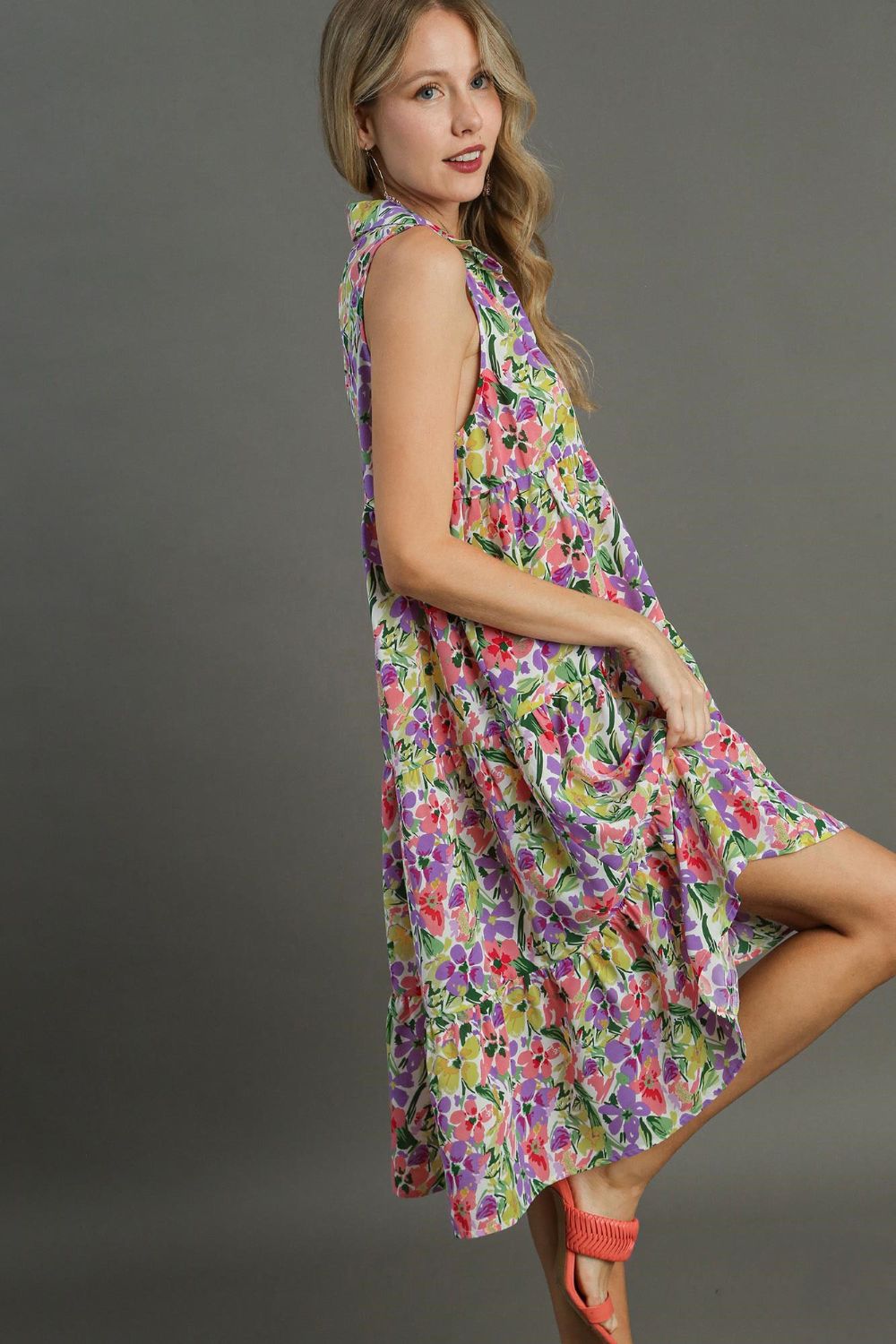 Umgee Full Size High-Low Hem Floral Sleeveless Tiered Dress Plus Size Casual Dresses