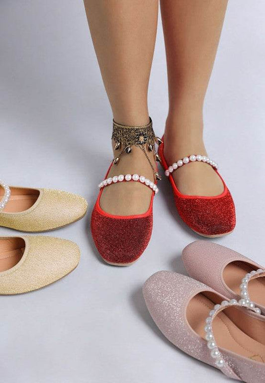 Corphee Pearl Strapped Glitter Ballerinas - Shop Style & More | Fresh Looks, Everyday Deals & Free Shipping