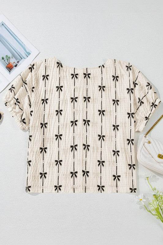 Aviana Bow Print Puff Short Sleeve Top - Shop Style & More | Fresh Looks, Everyday Deals & Free Shipping