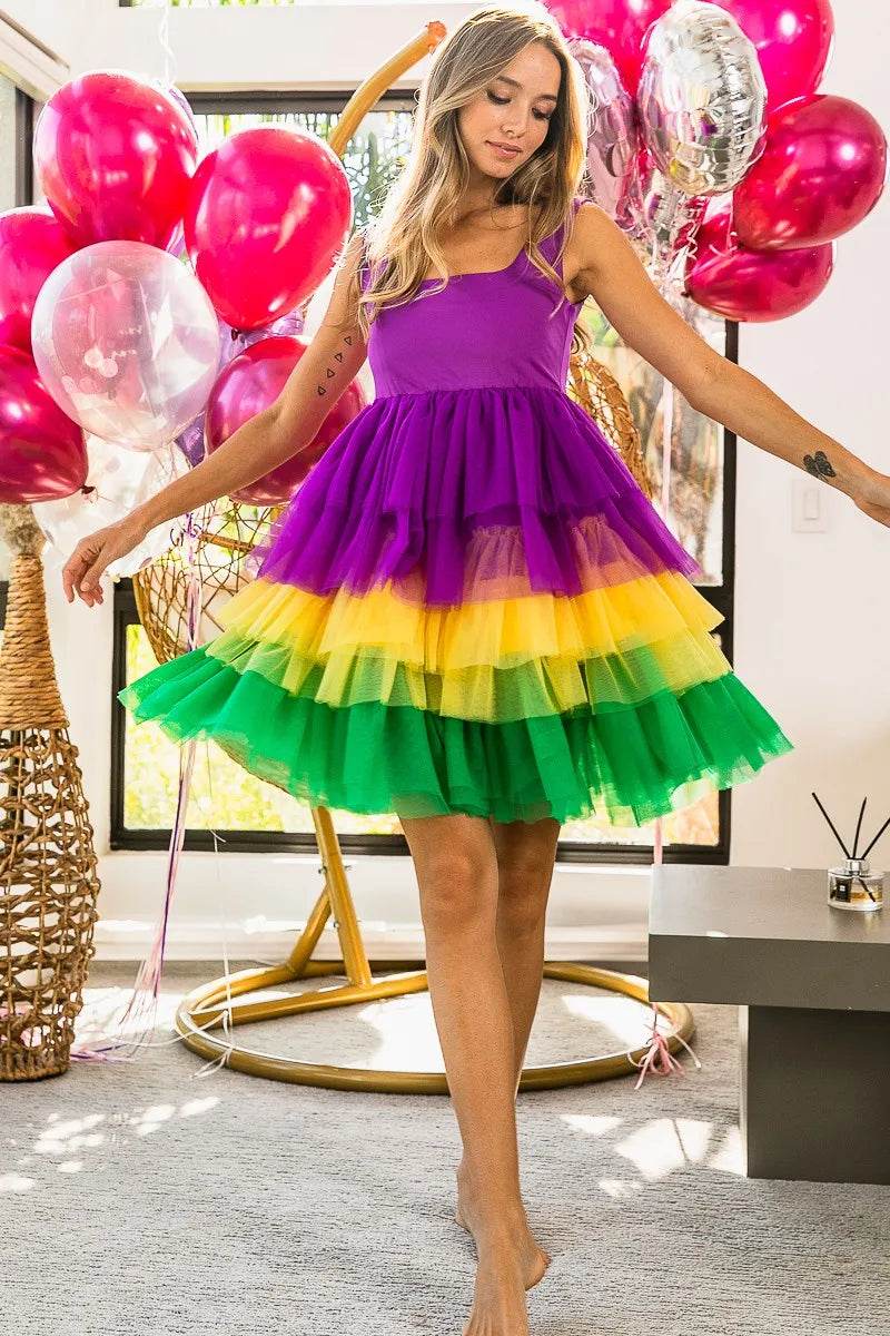 BiBi Mardi Gras Color Block Layered Mesh Tiered Dress - Shop Style & More | Fresh Looks, Everyday Deals & Free Shipping