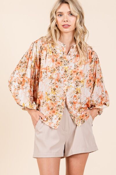 Mittoshop Flower Print Batwing Sleeve Button Down Blouse Blouses